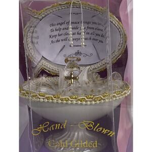 Christine Allen Angel Of Peace Decorated Hand Blown Gold Gilded Egg on Base